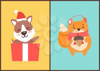 Teddy bear in Santa Claus hat in gift box and squirrel in headphones holds acorn in hands vector illustration posters with happy cartoon animals
