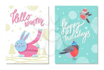 Hello winter and happy holidays 70s postcard with bullfinch in hat and rabbit in pink sweater scarf. Vector illustration with cute animals and snow