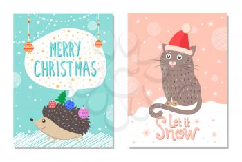 Let it snow Merry Christmas posters with hand drawn cat in Santa Claus hat sitting on snow and hedgehog with balls vector illustration cute animals