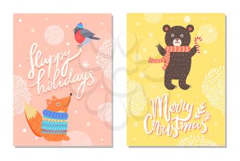 Happy holidays Merry Christmas greeting cards with brown bear holding lollipop, squirrel in warm sweater and bullfinch in knitted hat vector postcards