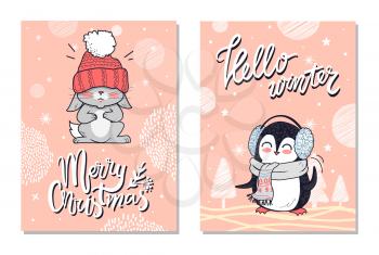Merry Christmas hello winter greeting cards penguin in earphones, scarf over neck and rabbit in warm hat on winter landscapes vector illustrations set