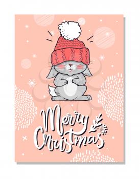 Merry Christmas funny postcard with gray hare in red woolen hat with bubo taut over eyes. Vector illustration with congratulation from cute animal