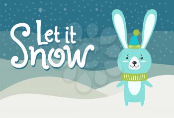 Let it snow hare dressed in warm knitted clothes hat with bubo and scarf. Vector illustration wild beast on winter landscape background and snowflakes