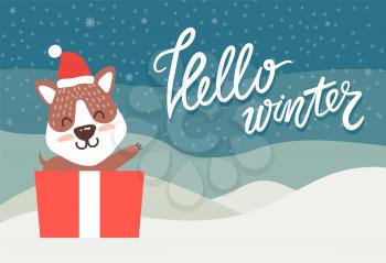 Hello winter greeting card happy bear waving hand from present box on winter landscape, vector illustration with cute animal in santa claus hat