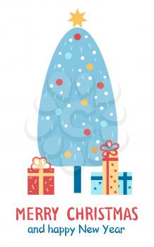 Merry Christmas and happy New Year congratulation postcard with xmas tree surrounded by colorful gift boxes. Vector illustration with holiday congrats on white