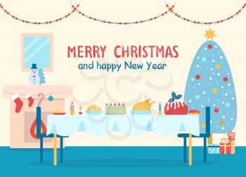 Merry Christmas and happy New Year, poster with home decor, table and fireplace with socks and snowman, tree and presents vector illustration