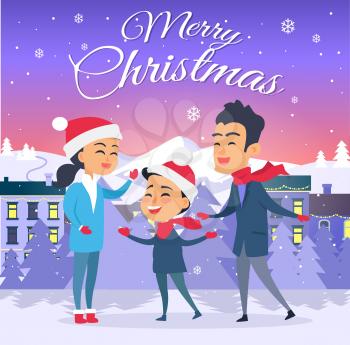 Postcard with Merry Christmas text. Vector illustration of smiling family father mother and son on white snowy field in red hats. Mountain forest and houses on the background, city entertainment