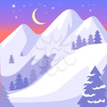Beautiful landscape of high snowy white mountains and moon with bright stars on blue sky. Vector background with gray forest and hilly field. Among pitch grow fir trees, snowy hills scenery