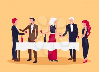 People in the process of drinking red wine and talking about something, standing by white table and holding glasses vector illustration