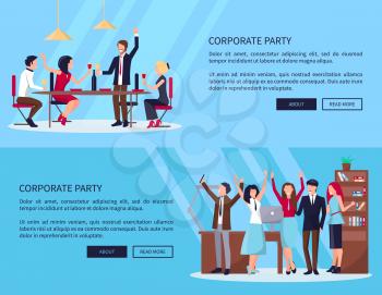 Web page of people in process of partying in office with computer, shelves and table, and drinking with meal vector illustration isolated on blue