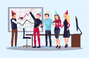 Corporate party, people celebrating success of their company, they are in office with whiteboard and graphic on it vector illustration