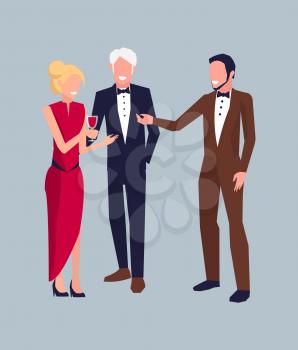 Company of three young persons at party, discussing something, smiling and drinking wine vector illustration isolated on purple background