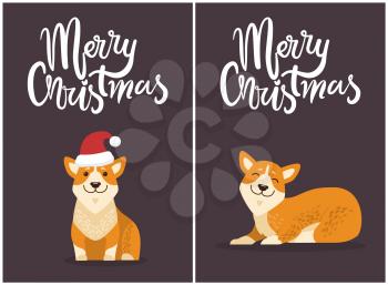 Merry Christmas set and dogs icons, letterings and puppies wearing red Christmas hat, domestic pet with closed eyes isolated on vector illustration