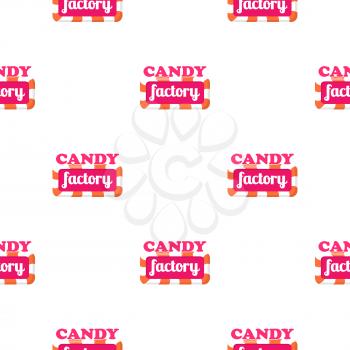 Seamless pattern with candy factory logo. Endless texture with label of sweets company isolated on white. Vector illustration of wrapping paper, wallpaper or package design in confectionery concept
