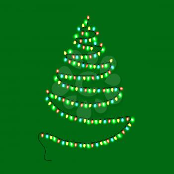 Christmas abstract tree made of garlands with glittering lamps lights vector illustration isolated on green background, decorative New Year element