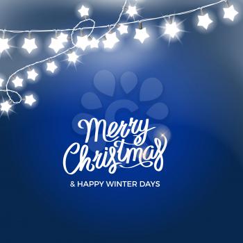 Merry christmas and happy winter days poster with star-shaped garlands, wish and title on vector illustration isolated on blue blurred background