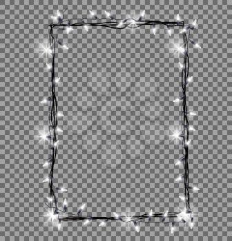 Square frame made of Christmas lights sparkling white lightbulbs decorative border vector illustration isolated on transparent background