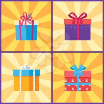 Set of gift boxes in decorative wrapping with color ribbons and bows isolated on background with rays. Present packages surprises vector illustrations