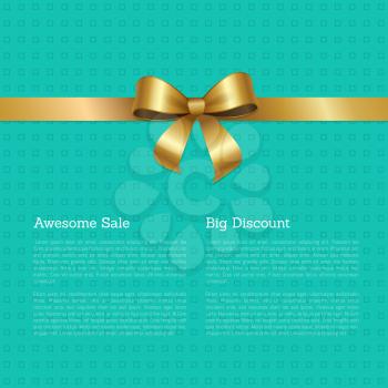 Awesome sale big discount certificate card design with ribbon and gold bow knot vector illustration with text isolated on abstract green with dots