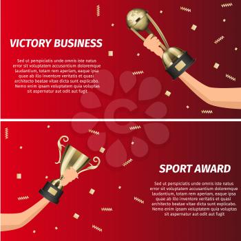 Business victory and sport award web banners. Glossy metallic trophy cups in human hand with falling golden foil confetti realistic isolated vector. Competition prize, awards for winner illustration