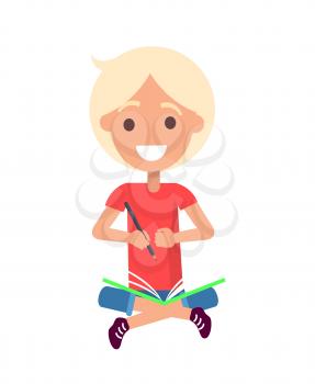 Smiling boy in sitting position wearing red t-shirt and blue shorts with green book on his lap and long pencil in hand isolated vector illustration.