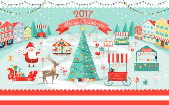 Merry Christmas 2017 festive fair poster with cheerful Santa Claus, decorated spruce, candies stores and gifts on sledge vector illustration.