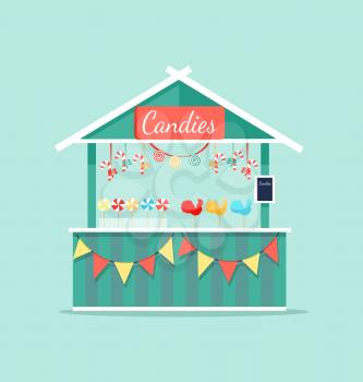 Big booth with candies icon isolated on light green background. Vector illustration with kiosk with lollops and other sweets in forms of spirals or peacocks