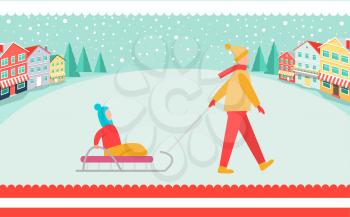 Parent walks with kid on sledge around spacious town square under snow cover with store buildings on both sides cartoon vector illustration.