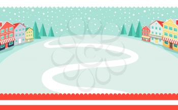 Snowy wintertime park poster with winding path in deep white snow. Vector illustration with quiet winter landscape and big falling snowflakes