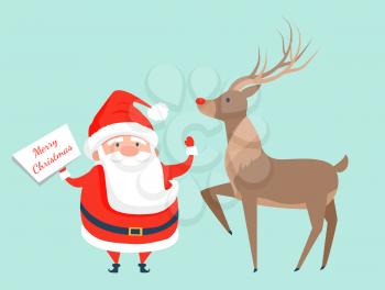 Santa Claus with reindeer icon isolated on light blue background. Vector illustration Father Frost congratulation on white sign and beautiful animal