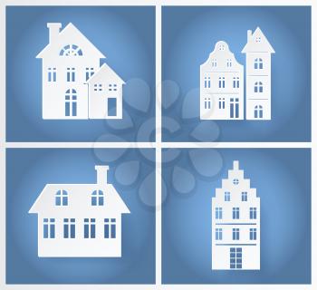 Paper buildings silhouettes isolated in light blue background. Vector illustrations with set of white beautiful houses with many windows and chimneys