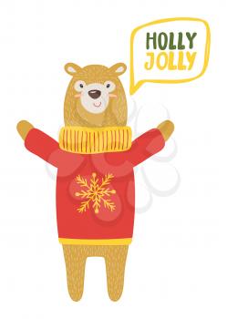 Holly Jolly congratulation icon from bear in sweater with knitted snowflake isolated on white background. Vector illustration with animal in warm clothes