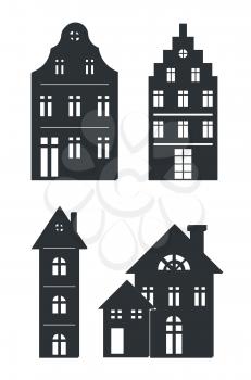 Black silhouettes of buildings isolated on white background. Vector illustration with set of different black houses with weird roofs and windows