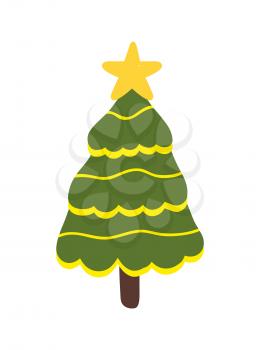 Decorated Christmas tree icon isolated on white background. Vector illustration with green spruce decor with golden garlands and shiny star on top