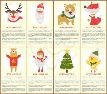 Merry Christmas posters with happy animals and festive decor on white. Vector illustration with deer bear, birds and Santa Claus in knitted clothes