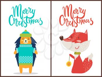 Merry Christmas, banners with hedgehog wearing green hat and blue knitted sweater and fox with scarf playing game and smiling on vector illustration