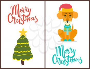 Merry Christmas, images of dog wearing red hat and knitted sweater and tree decorated with garlands and big star on its top on vector illustration