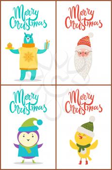 Merry Christmas collection with headlines and images of birdie, bear in sweater, singing chicken and Santa Claus head in costumes vector illustration