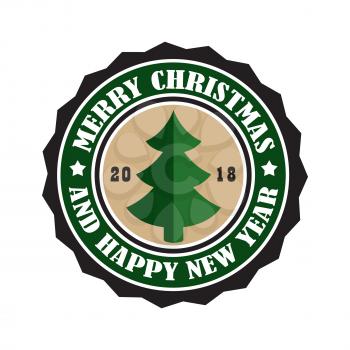 Merry Christmas 2018, and happy New Year, sticker of round shape with borders and frames, title and image of pine tree on vector illustration