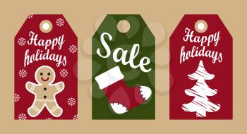 Happy holidays sale promo labels with gingerbread boy, red sock and abstract tree, symbols of Christmas and New Year vector tags advert discounts