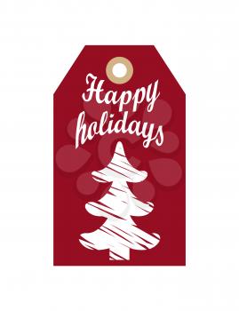 Happy holidays promo hanging label with sketch of New Year tree, greeting tag symbol of Christmas, abstract doodle of white spruce on burgundy backdrop