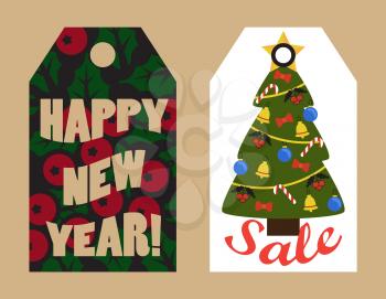 Happy New year sale tags with mistletoe berries on background and Christmas tree decorated by garlands, golden bells, candy sticks vector advert labels