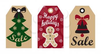 Sale happy holidays labels with tree and ribbons, snowflakes and bell, headlines and Christmas cookie, banners isolated on vector illustration