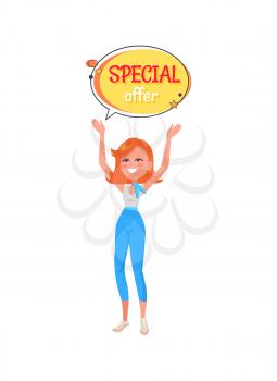 Woman holding hands up, sticker with special offer vector illustration with girl and speech bubble isolated on white. Female advertising best price