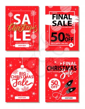 Christmas holiday discount on everything for limited time only, banners made up of decorative elements, titles, ball and mittens vector illustration