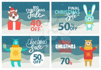 Christmas sale up to 40 off holiday discount on posters that include images of puppy in present box, rabbit and bears in sweaters vector illustration