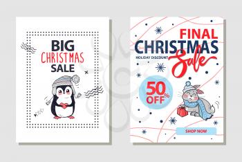 Final Christmas sale and 50 off, shop now and holiday discount, letterings on banner with penguin in sweater and hare with gift vector illustration