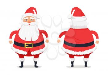 Showing different sides of Santa Claus on white. Man in red warm red holiday costume with beard. Vector illustration of front, back view of Father Christmas as decor element in cartoon style