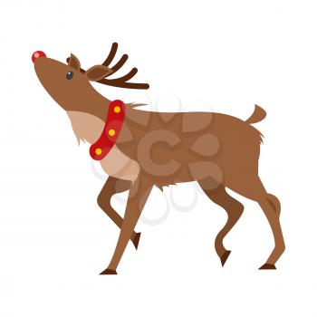 Christmas realistic deer isolated on white. Reindeer greeting you, wishes Merry Christmas and Happy New Year. Smiling posing cartoon character in flat style design vector. Postcard editable element