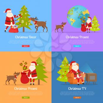 Christmas presents and Santa Claus on color backgrounds web banner. Santa and big reindeer decorate fir tree, send presents for children around world. Vector illustration of Nicolas activities